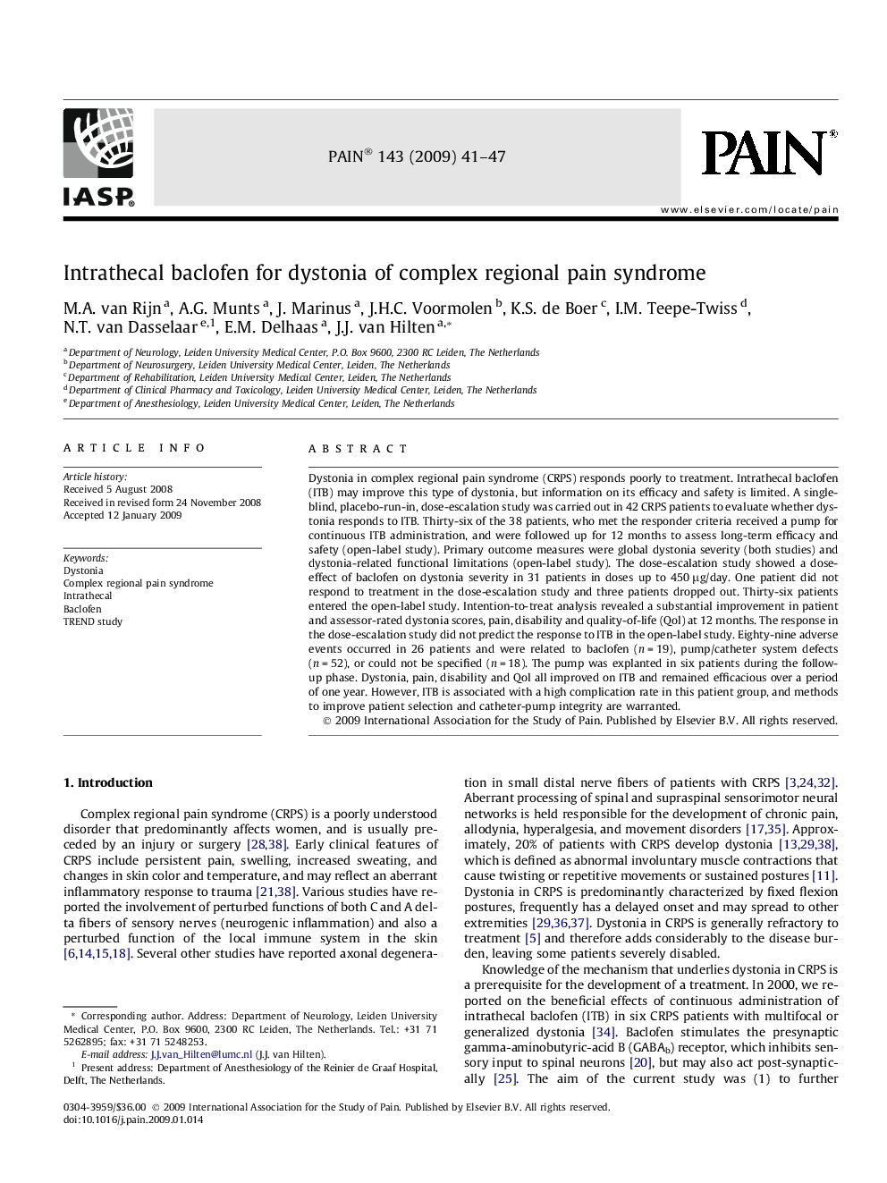 Intrathecal baclofen for dystonia of complex regional pain syndrome