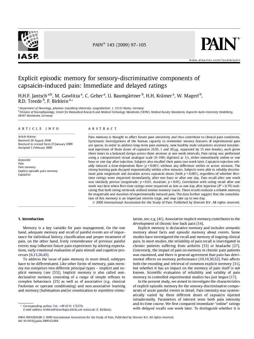 Explicit episodic memory for sensory-discriminative components of capsaicin-induced pain: Immediate and delayed ratings