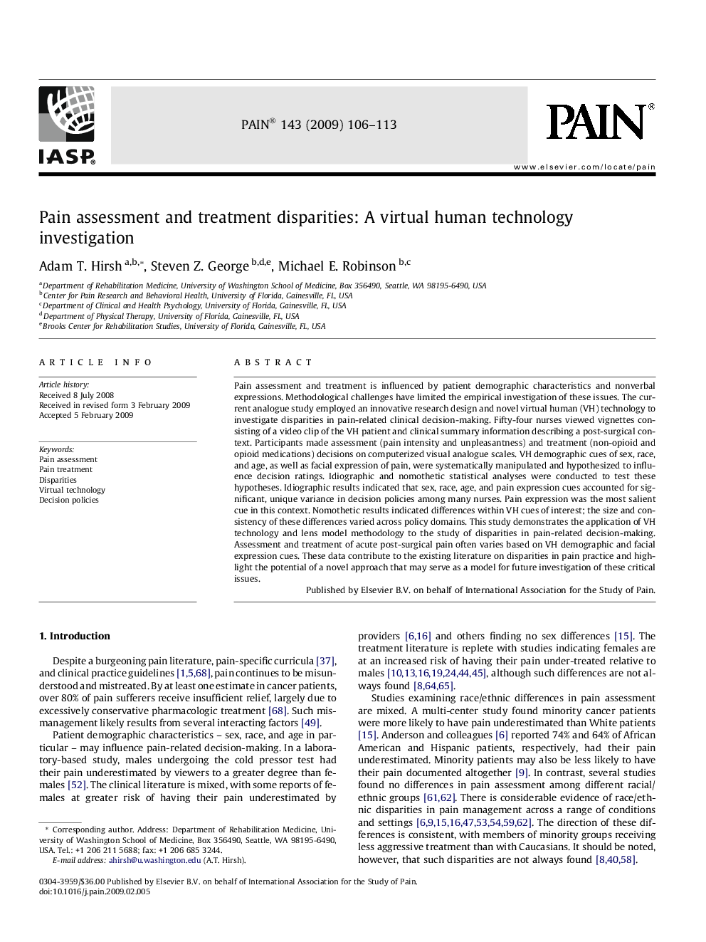 Pain assessment and treatment disparities: A virtual human technology investigation