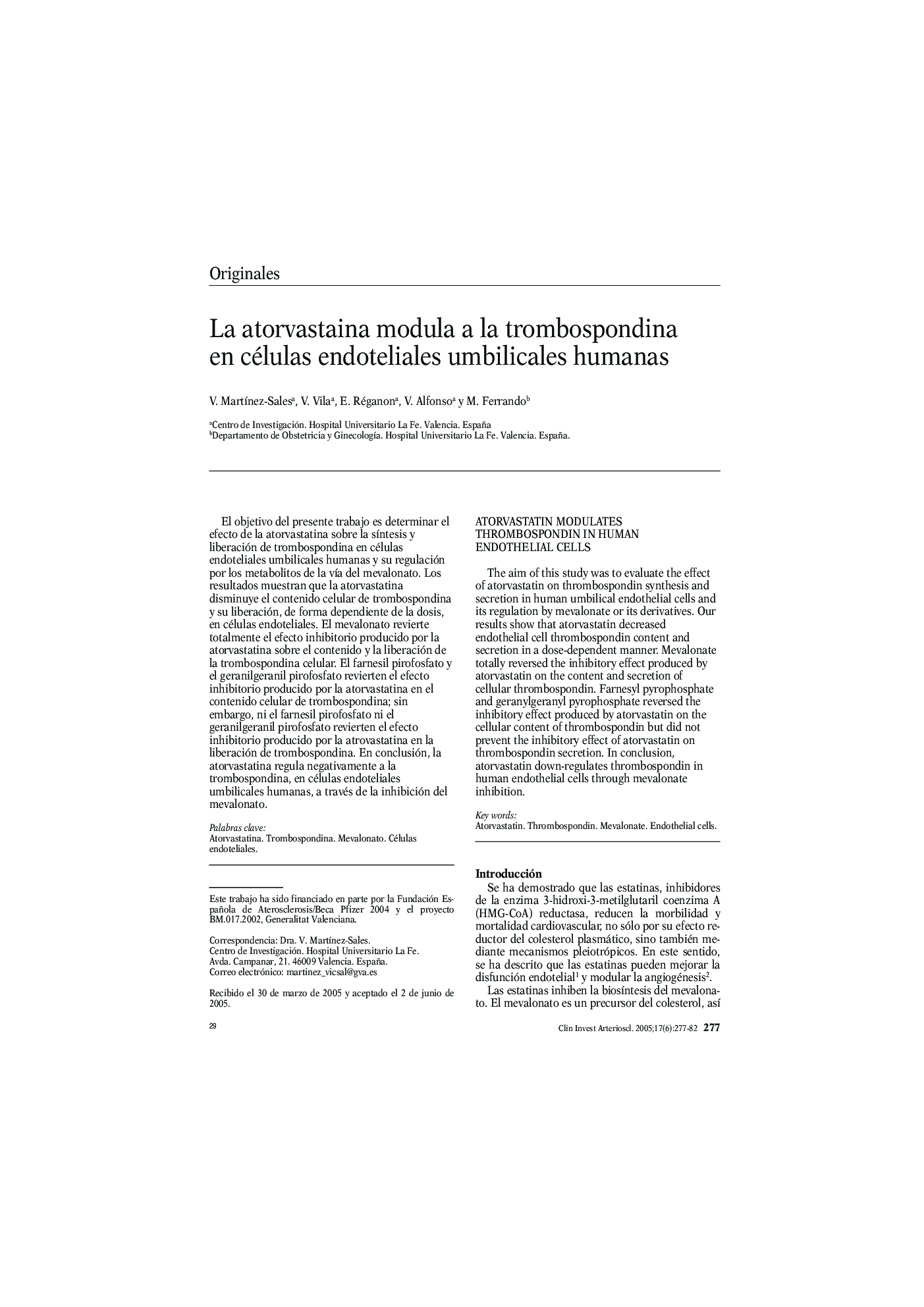 La atorvastaina modula a la trombospondina en células endoteliales umbilicales humanas