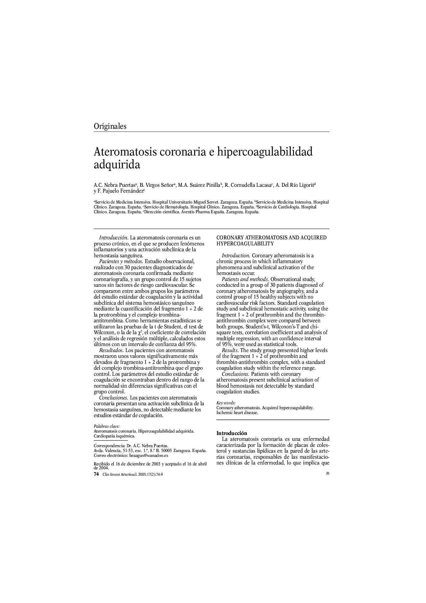 Ateromatosis coronaria e hipercoagulabilidad adquirida