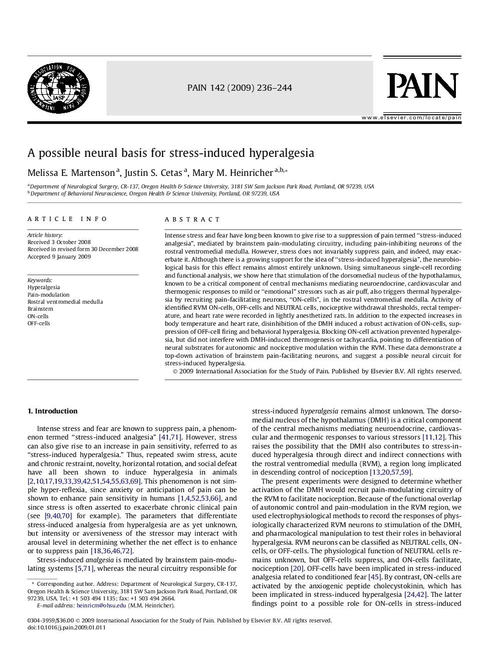 A possible neural basis for stress-induced hyperalgesia