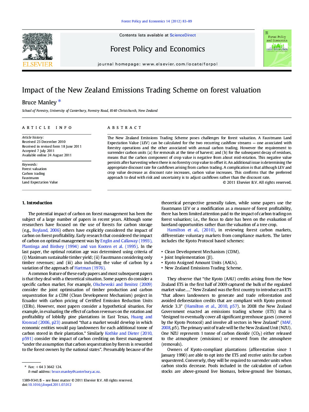 Impact of the New Zealand Emissions Trading Scheme on forest valuation