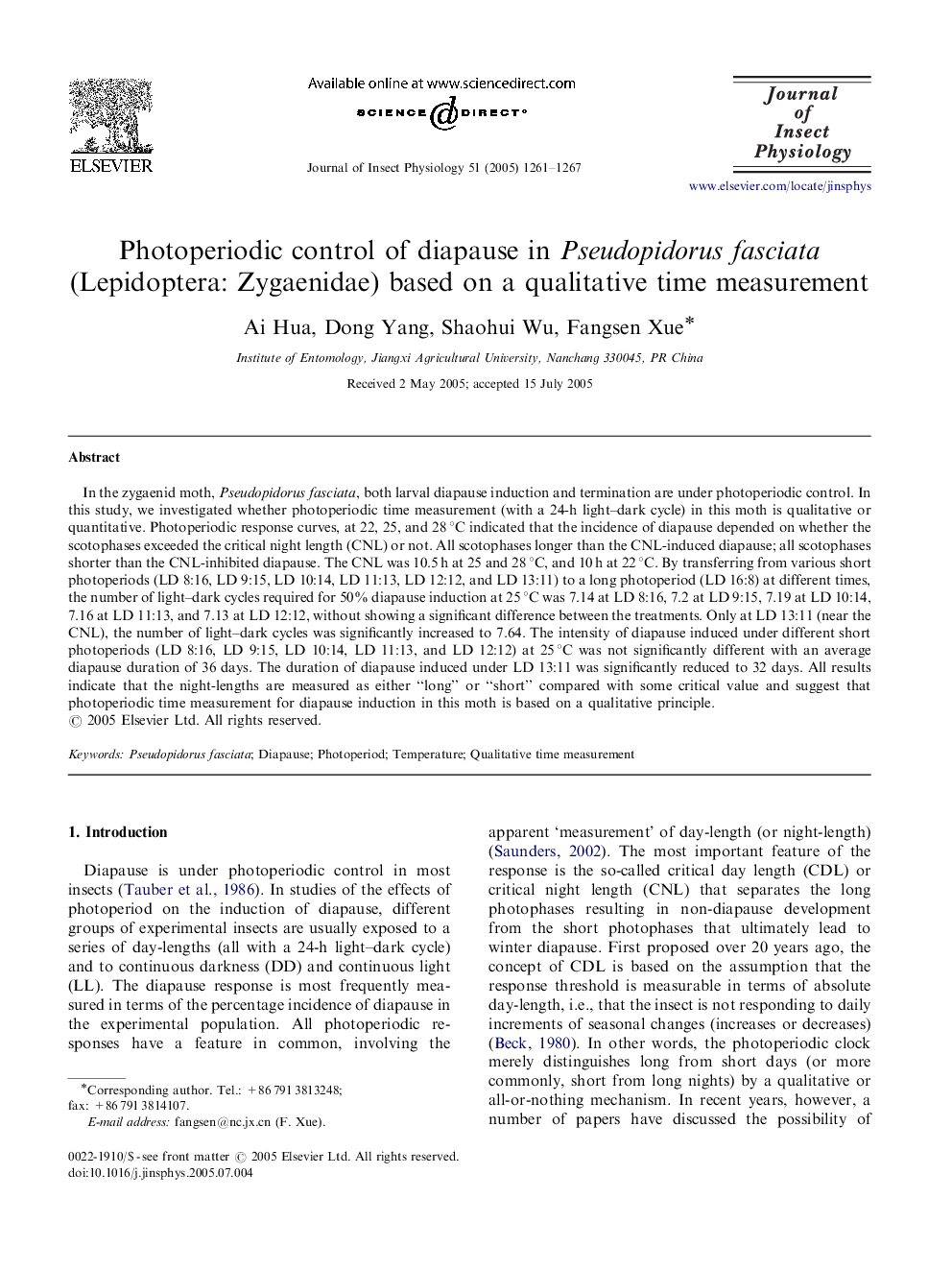 Photoperiodic control of diapause in Pseudopidorus fasciata (Lepidoptera: Zygaenidae) based on a qualitative time measurement