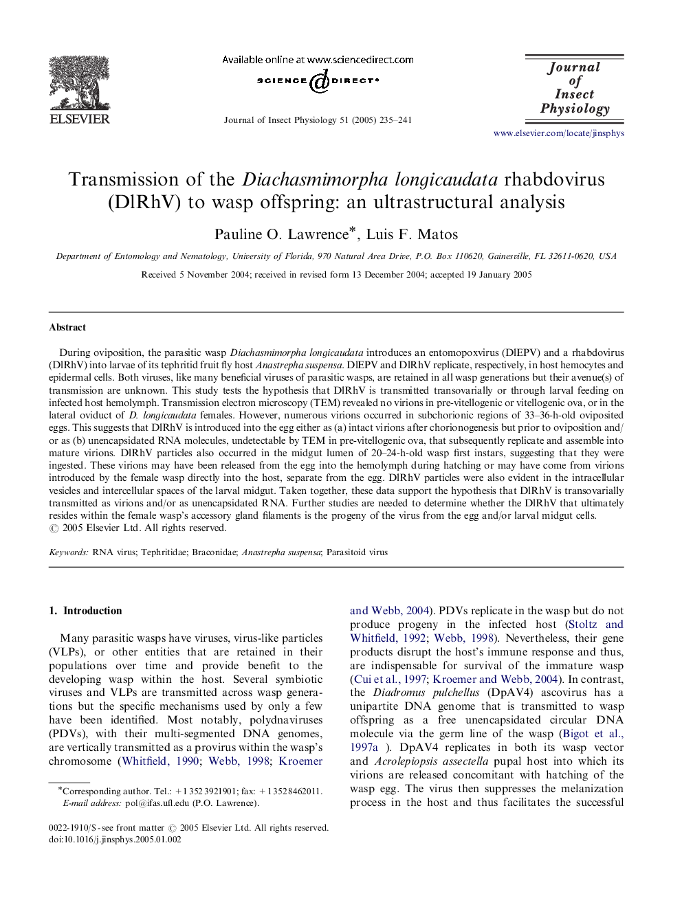 Transmission of the Diachasmimorpha longicaudata rhabdovirus (DlRhV) to wasp offspring: an ultrastructural analysis