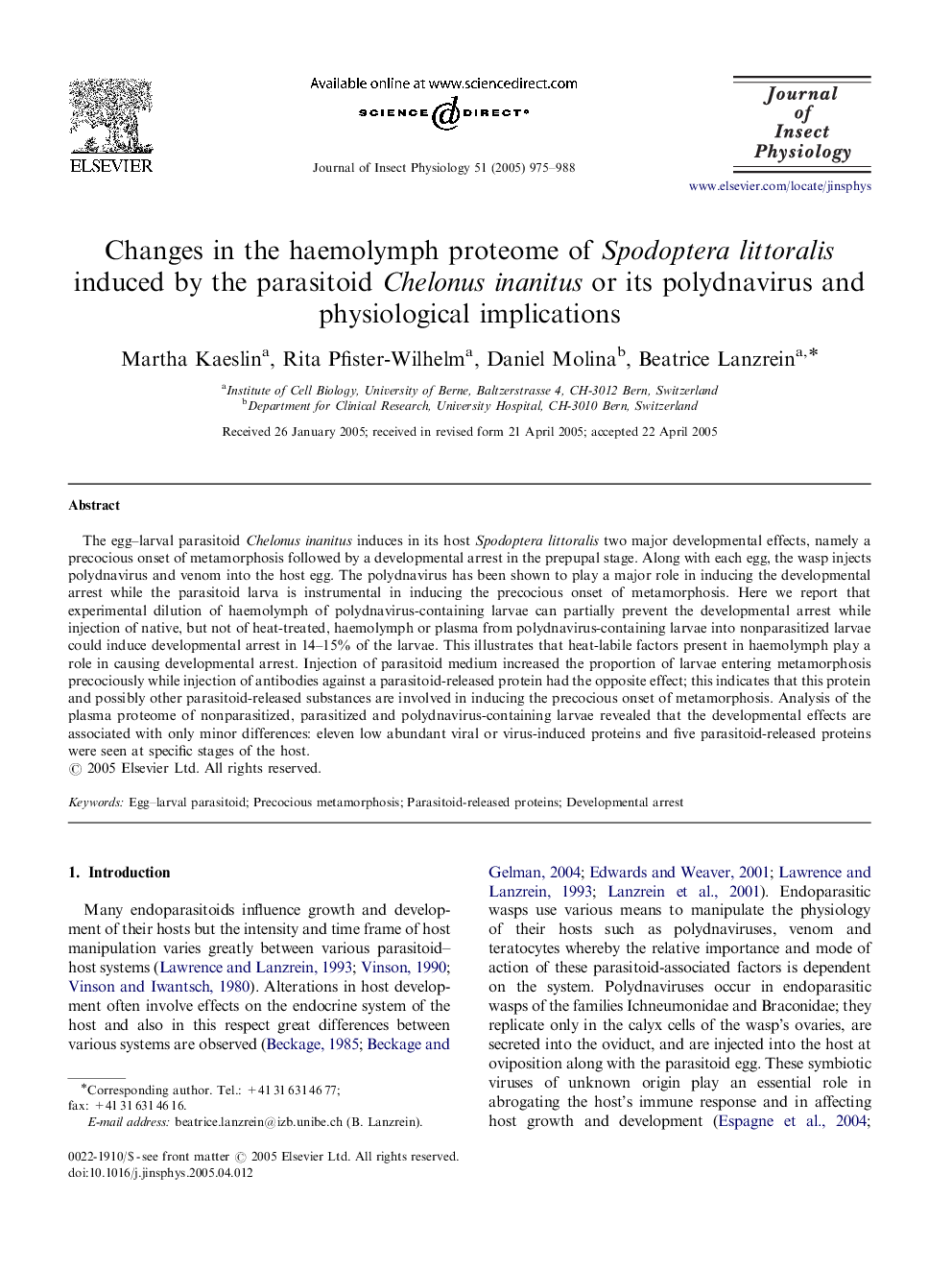 Changes in the haemolymph proteome of Spodoptera littoralis induced by the parasitoid Chelonus inanitus or its polydnavirus and physiological implications