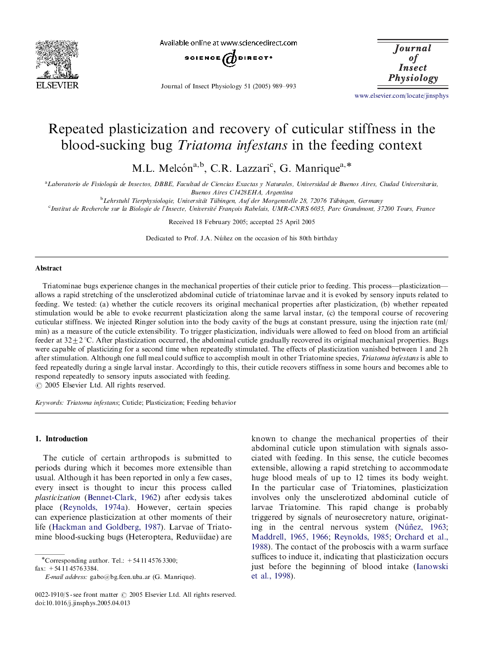 Repeated plasticization and recovery of cuticular stiffness in the blood-sucking bug Triatoma infestans in the feeding context