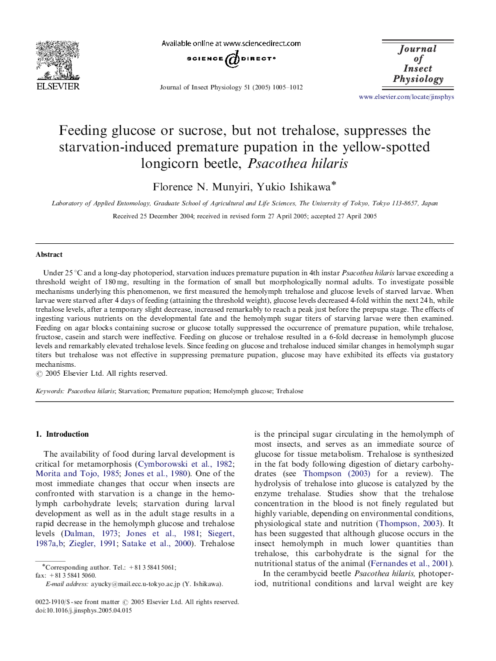 Feeding glucose or sucrose, but not trehalose, suppresses the starvation-induced premature pupation in the yellow-spotted longicorn beetle, Psacothea hilaris