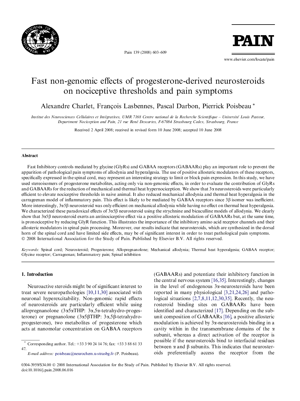 Fast non-genomic effects of progesterone-derived neurosteroids on nociceptive thresholds and pain symptoms