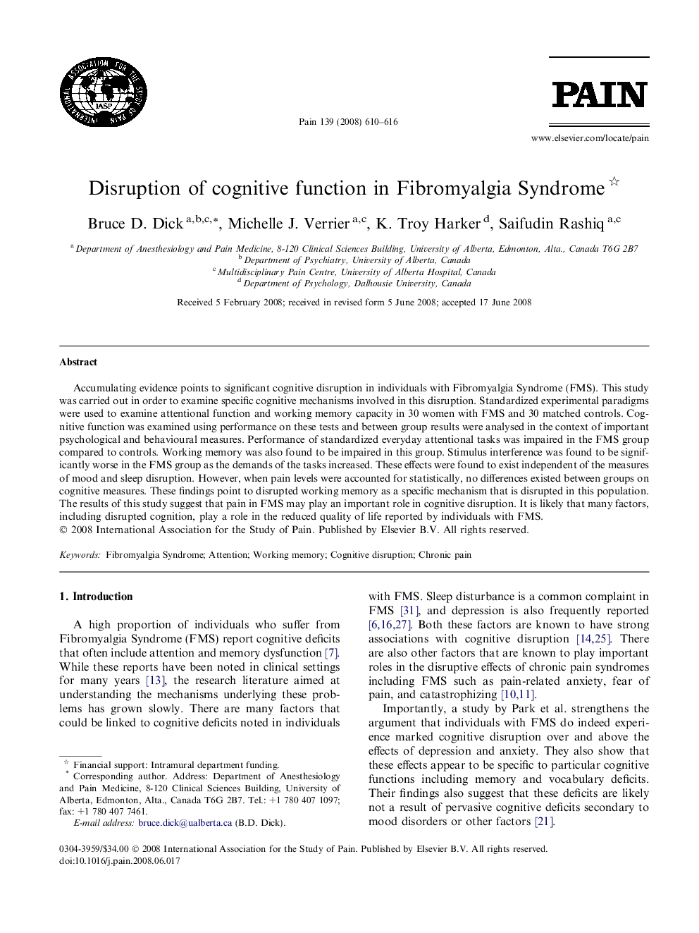 Disruption of cognitive function in Fibromyalgia Syndrome