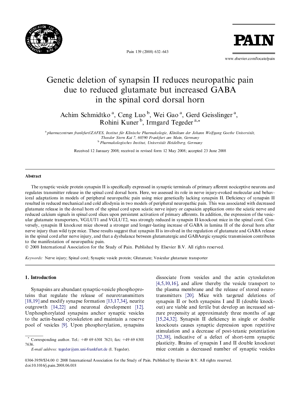 Genetic deletion of synapsin II reduces neuropathic pain due to reduced glutamate but increased GABA in the spinal cord dorsal horn