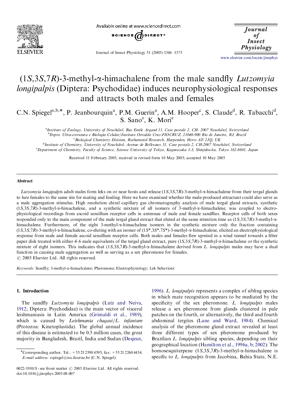 (1S,3S,7R)-3-methyl-Î±-himachalene from the male sandfly Lutzomyia longipalpis (Diptera: Psychodidae) induces neurophysiological responses and attracts both males and females