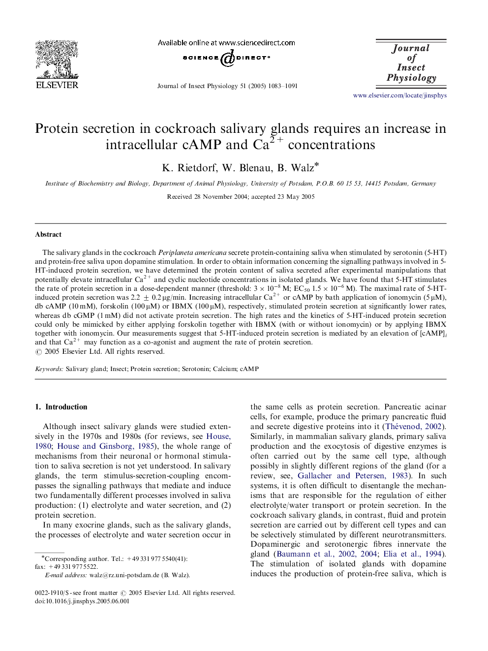 Protein secretion in cockroach salivary glands requires an increase in intracellular cAMP and Ca2+ concentrations