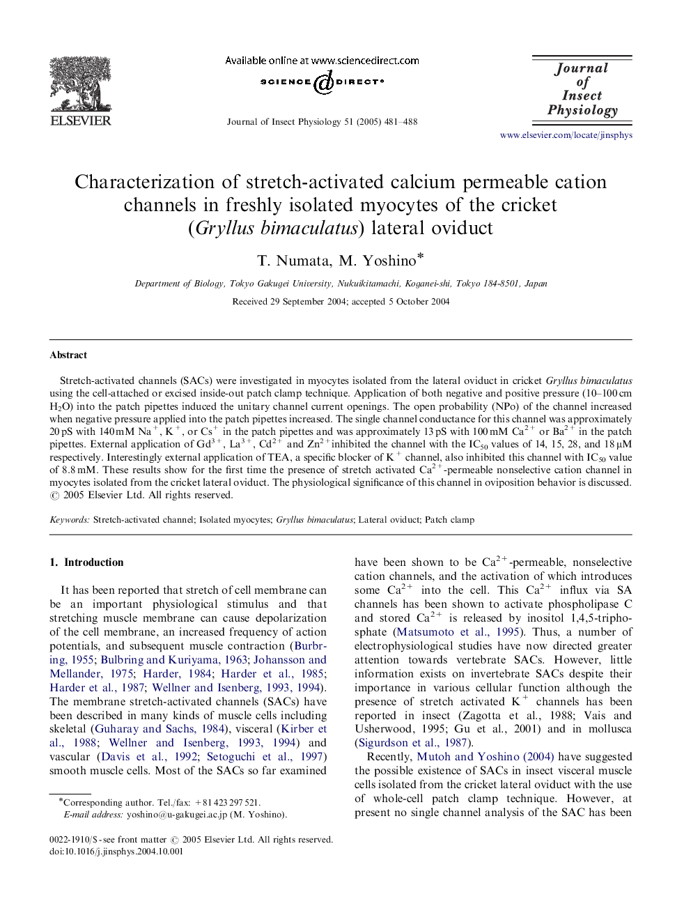 Characterization of stretch-activated calcium permeable cation channels in freshly isolated myocytes of the cricket (Gryllus bimaculatus) lateral oviduct