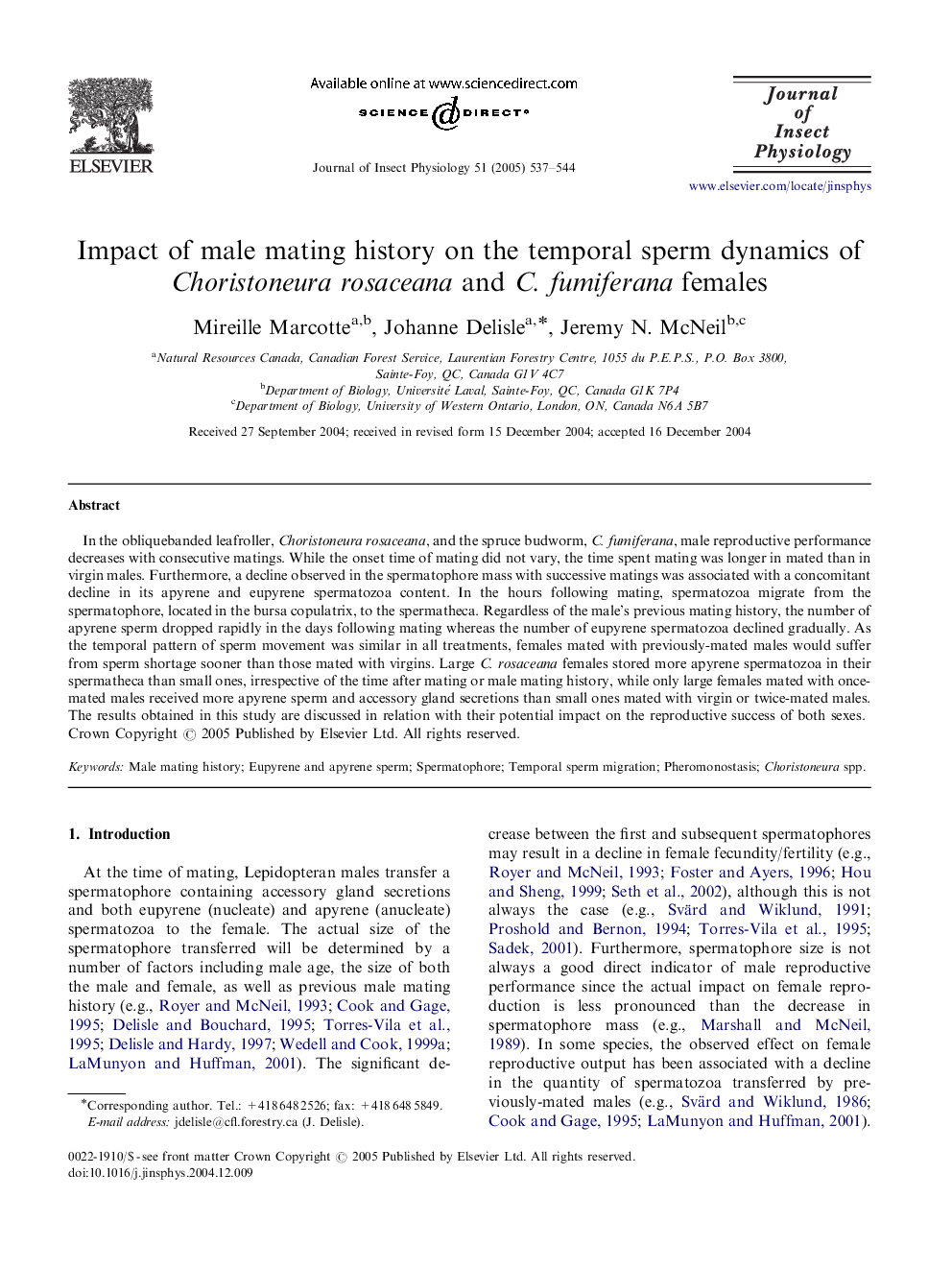 Impact of male mating history on the temporal sperm dynamics of Choristoneura rosaceana and C. fumiferana females