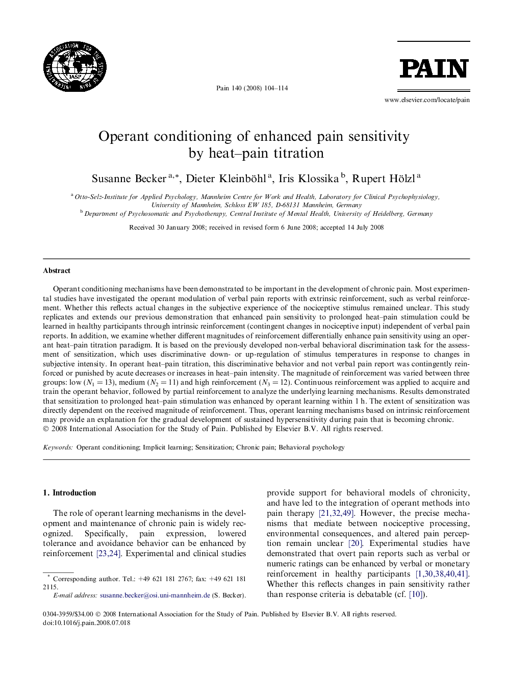 Operant conditioning of enhanced pain sensitivity by heat-pain titration