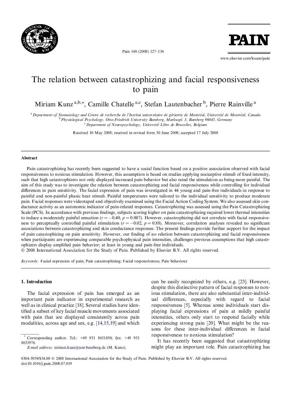 The relation between catastrophizing and facial responsiveness to pain