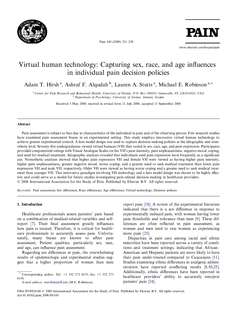 Virtual human technology: Capturing sex, race, and age influences in individual pain decision policies