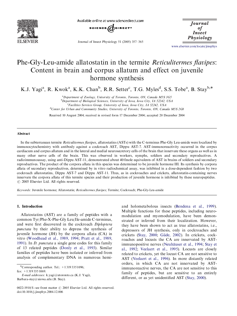 Phe-Gly-Leu-amide allatostatin in the termite Reticulitermes flavipes: Content in brain and corpus allatum and effect on juvenile hormone synthesis