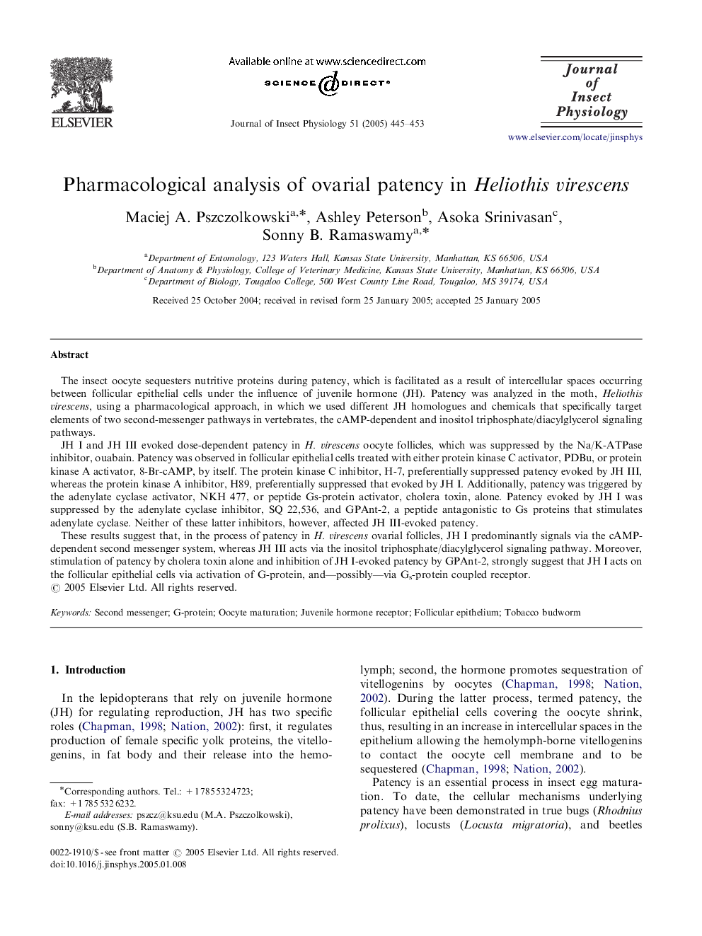 Pharmacological analysis of ovarial patency in Heliothis virescens