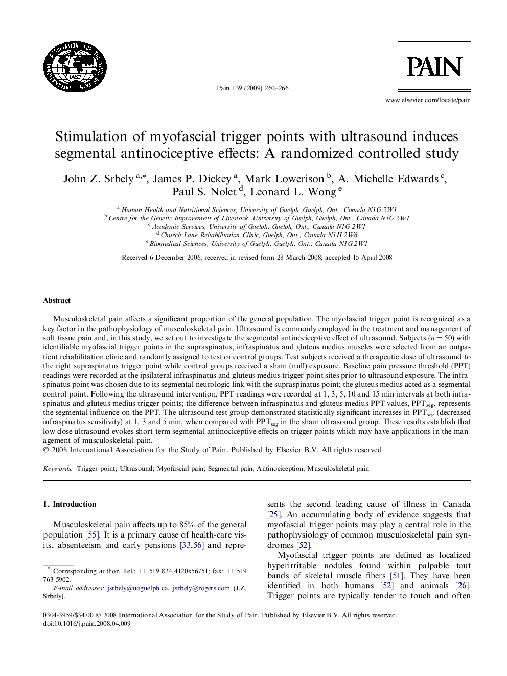 Stimulation of myofascial trigger points with ultrasound induces segmental antinociceptive effects: A randomized controlled study