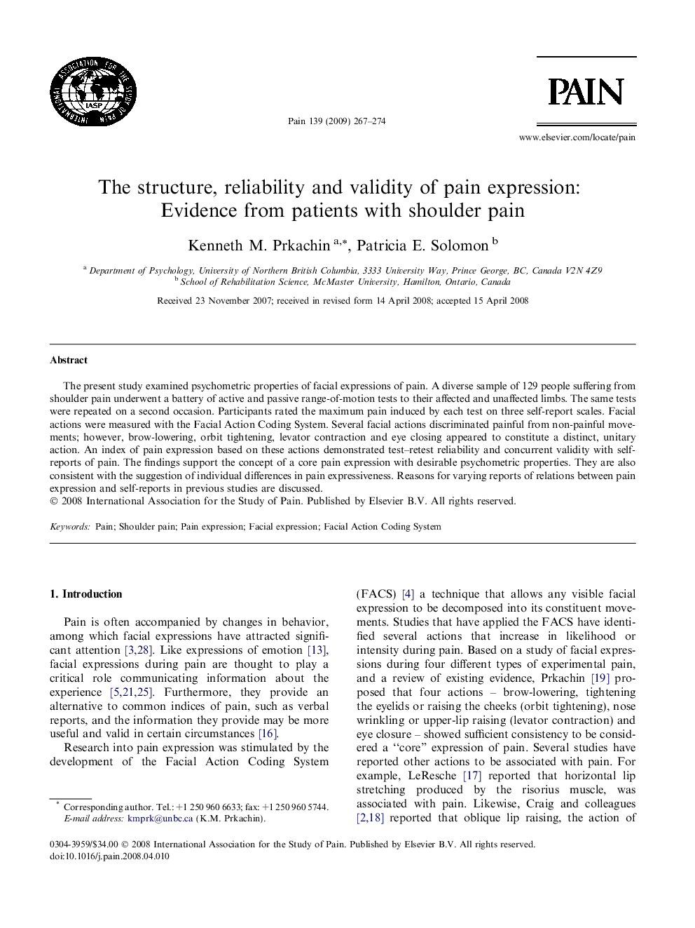 The structure, reliability and validity of pain expression: Evidence from patients with shoulder pain