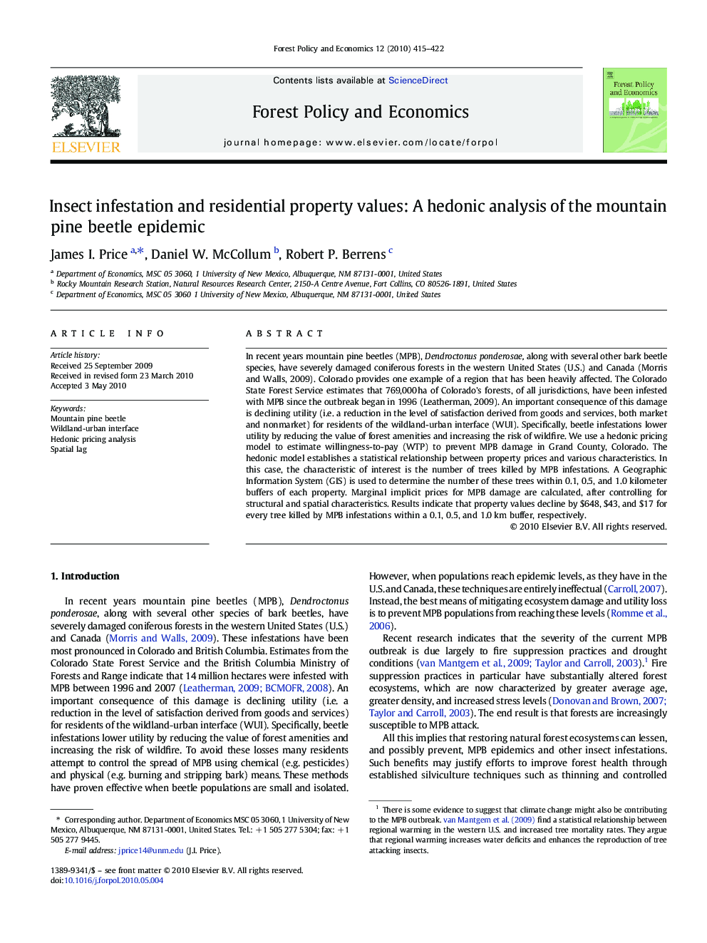 Insect infestation and residential property values: A hedonic analysis of the mountain pine beetle epidemic