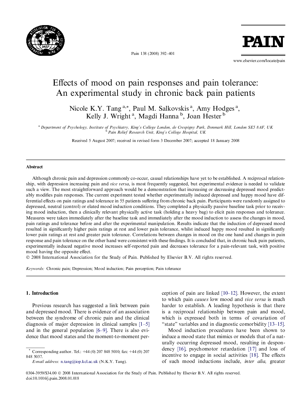 Effects of mood on pain responses and pain tolerance: An experimental study in chronic back pain patients