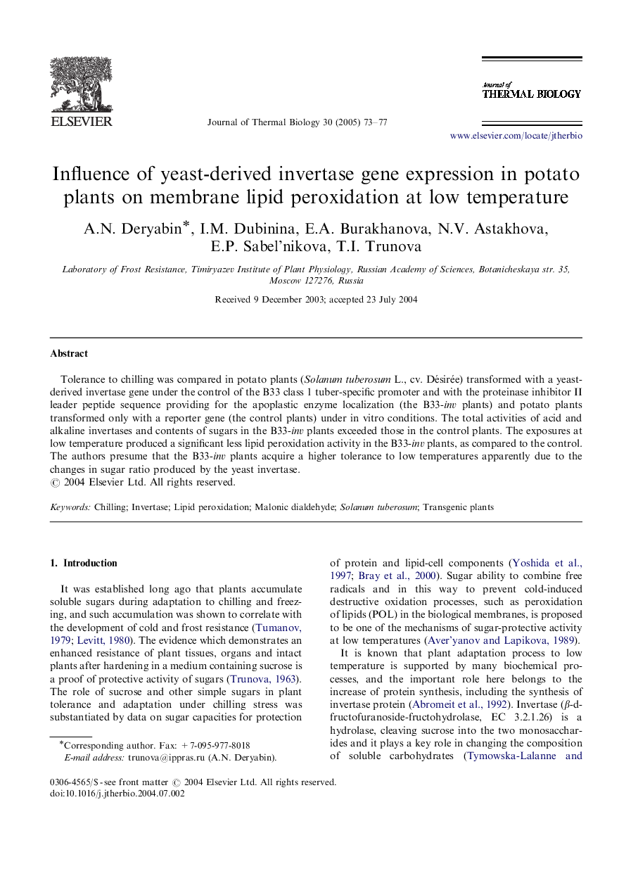 Influence of yeast-derived invertase gene expression in potato plants on membrane lipid peroxidation at low temperature