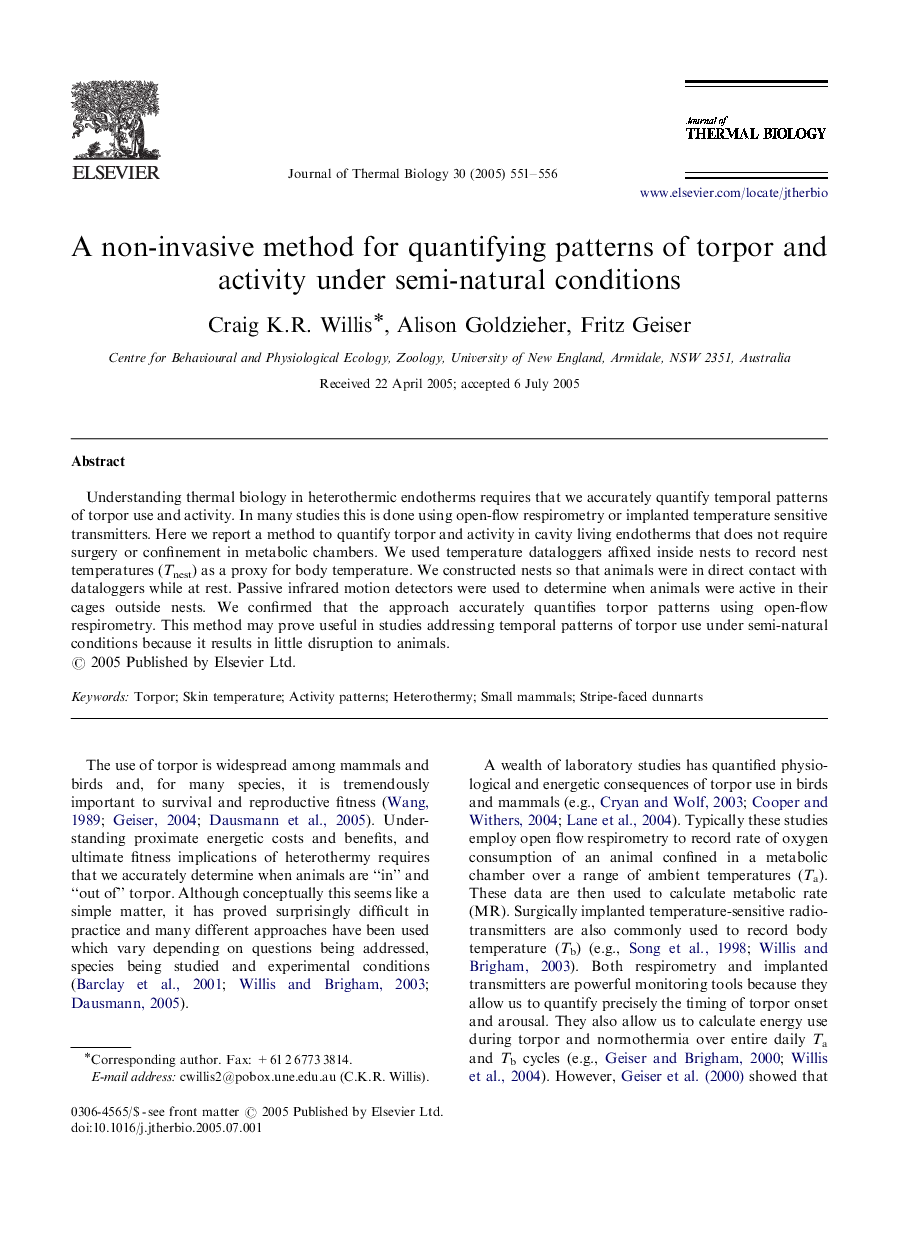 A non-invasive method for quantifying patterns of torpor and activity under semi-natural conditions