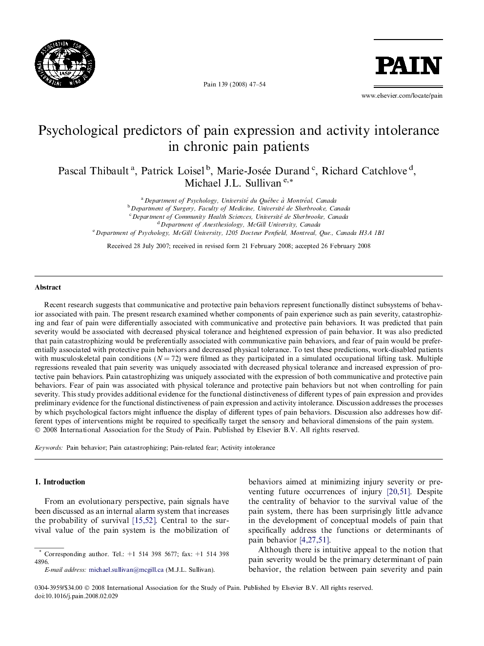 Psychological predictors of pain expression and activity intolerance in chronic pain patients