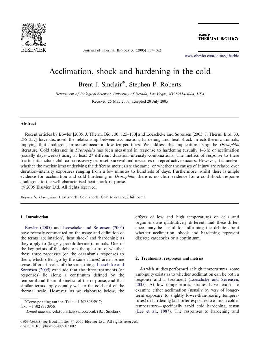 Acclimation, shock and hardening in the cold