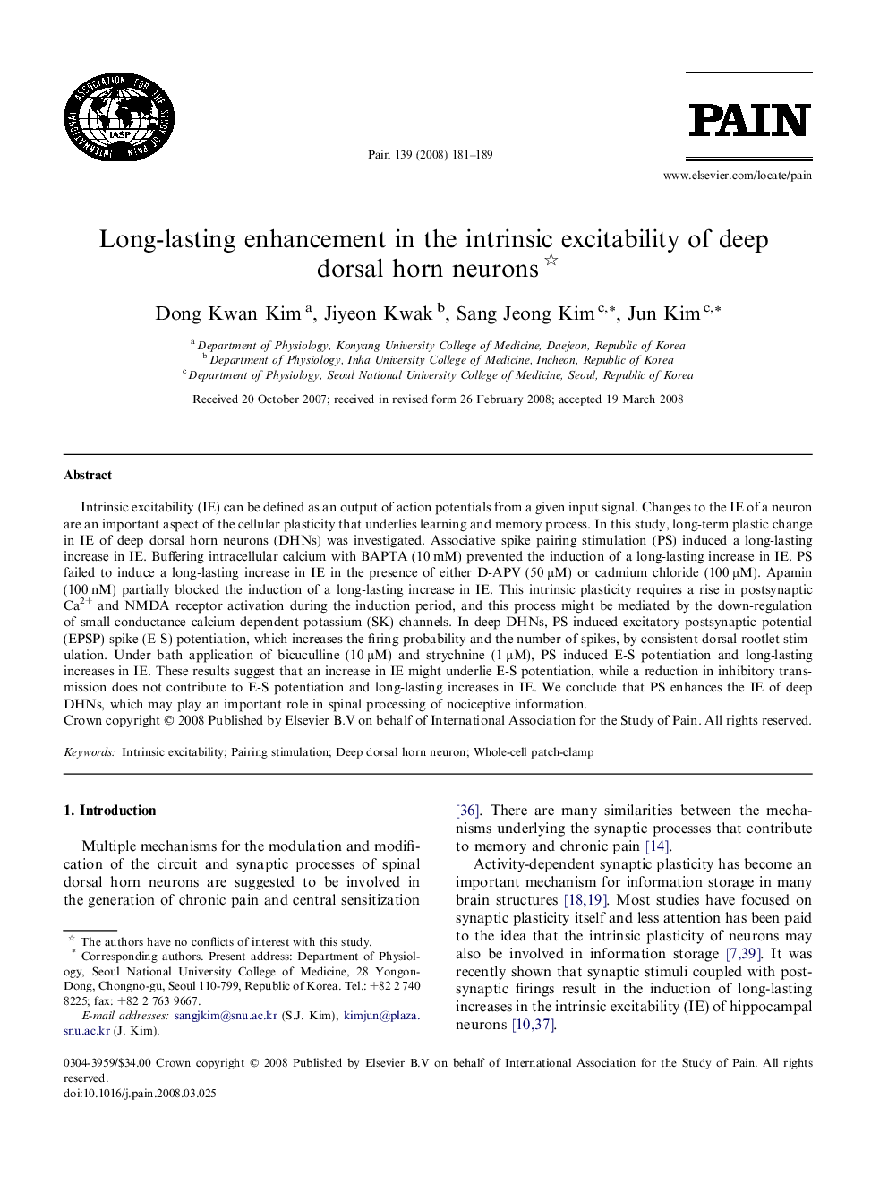 Long-lasting enhancement in the intrinsic excitability of deep dorsal horn neurons