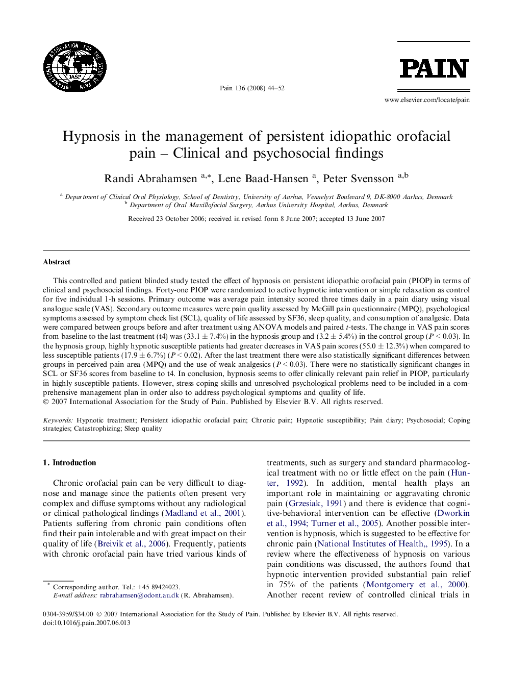 Hypnosis in the management of persistent idiopathic orofacial pain - Clinical and psychosocial findings