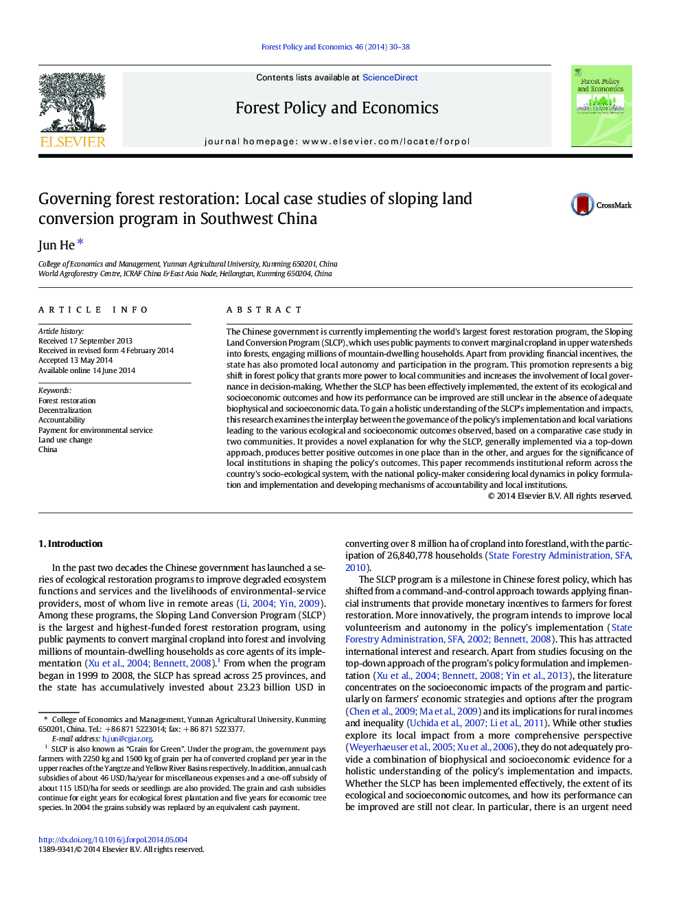 Governing forest restoration: Local case studies of sloping land conversion program in Southwest China