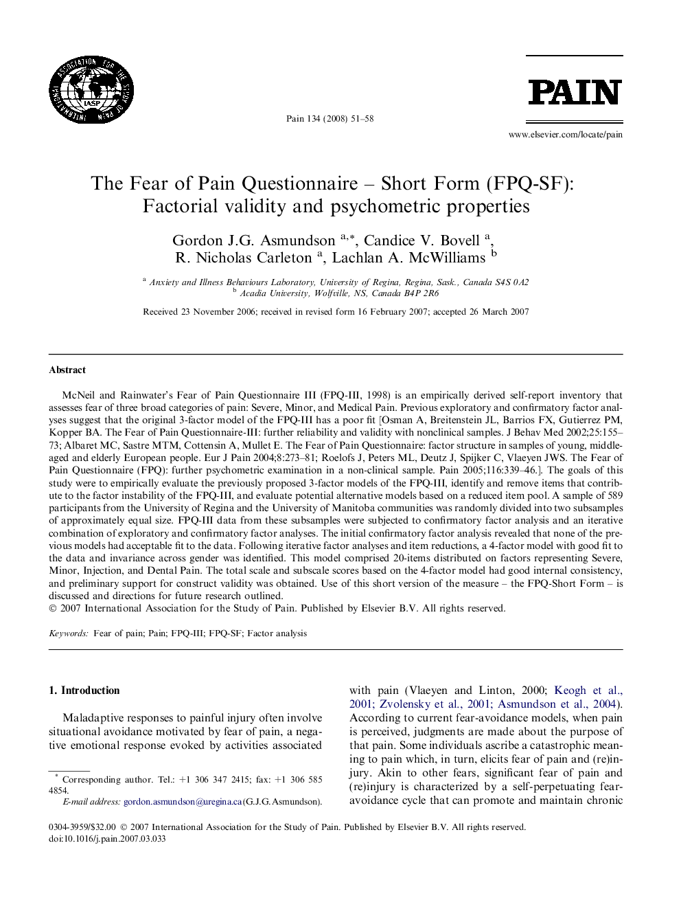 The Fear of Pain Questionnaire - Short Form (FPQ-SF): Factorial validity and psychometric properties