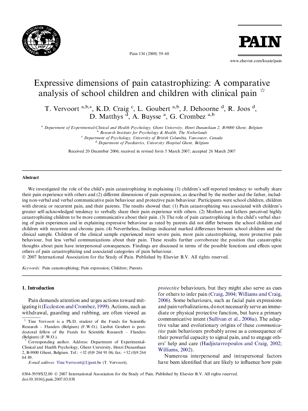 Expressive dimensions of pain catastrophizing: A comparative analysis of school children and children with clinical pain