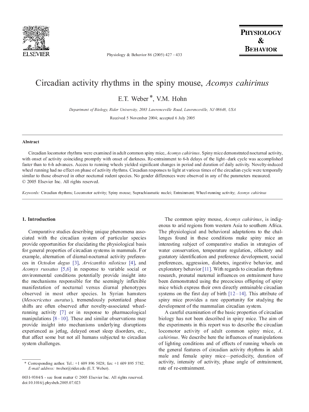 Circadian activity rhythms in the spiny mouse, Acomys cahirinus