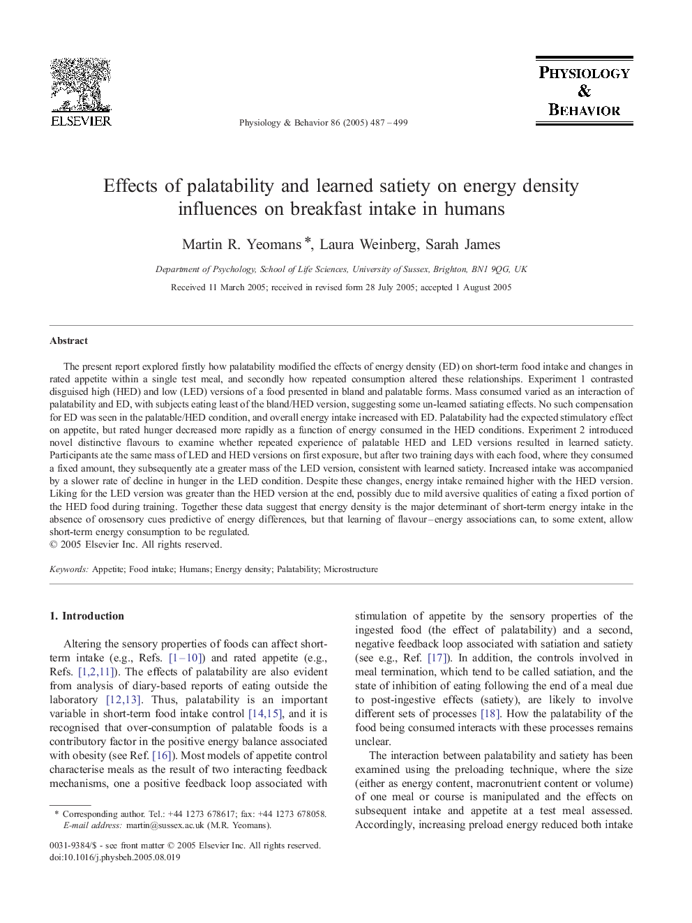 Effects of palatability and learned satiety on energy density influences on breakfast intake in humans