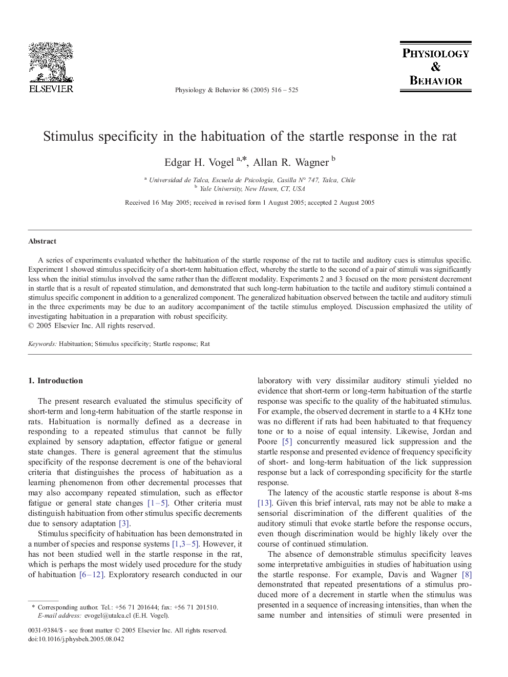 Stimulus specificity in the habituation of the startle response in the rat