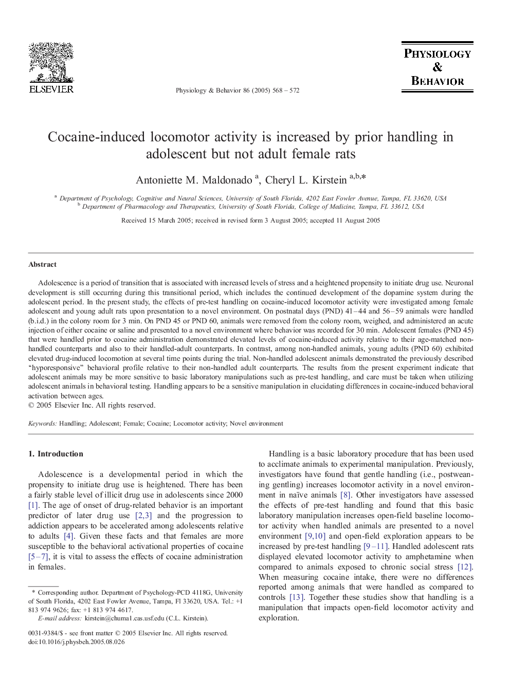 Cocaine-induced locomotor activity is increased by prior handling in adolescent but not adult female rats