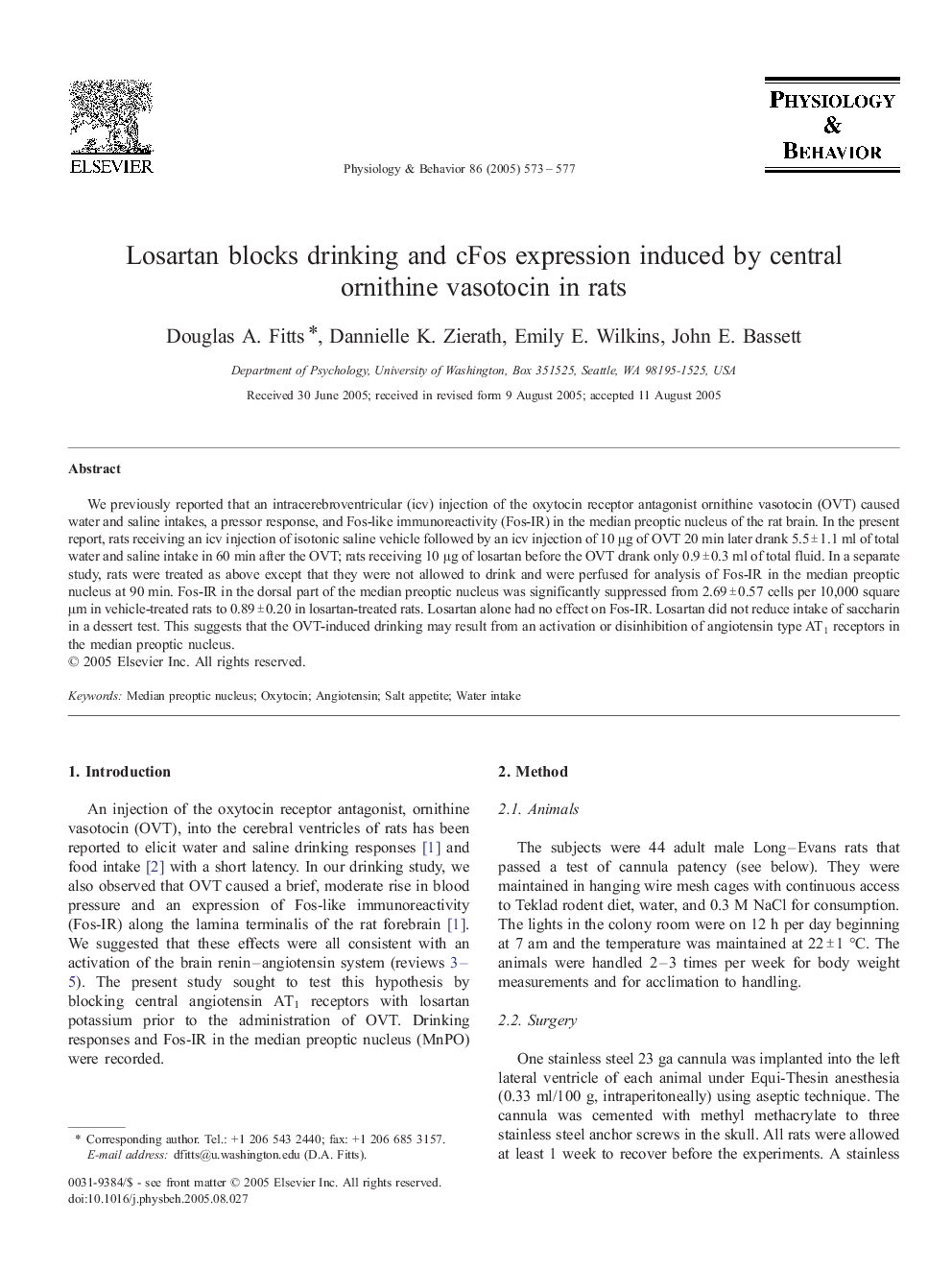 Losartan blocks drinking and cFos expression induced by central ornithine vasotocin in rats