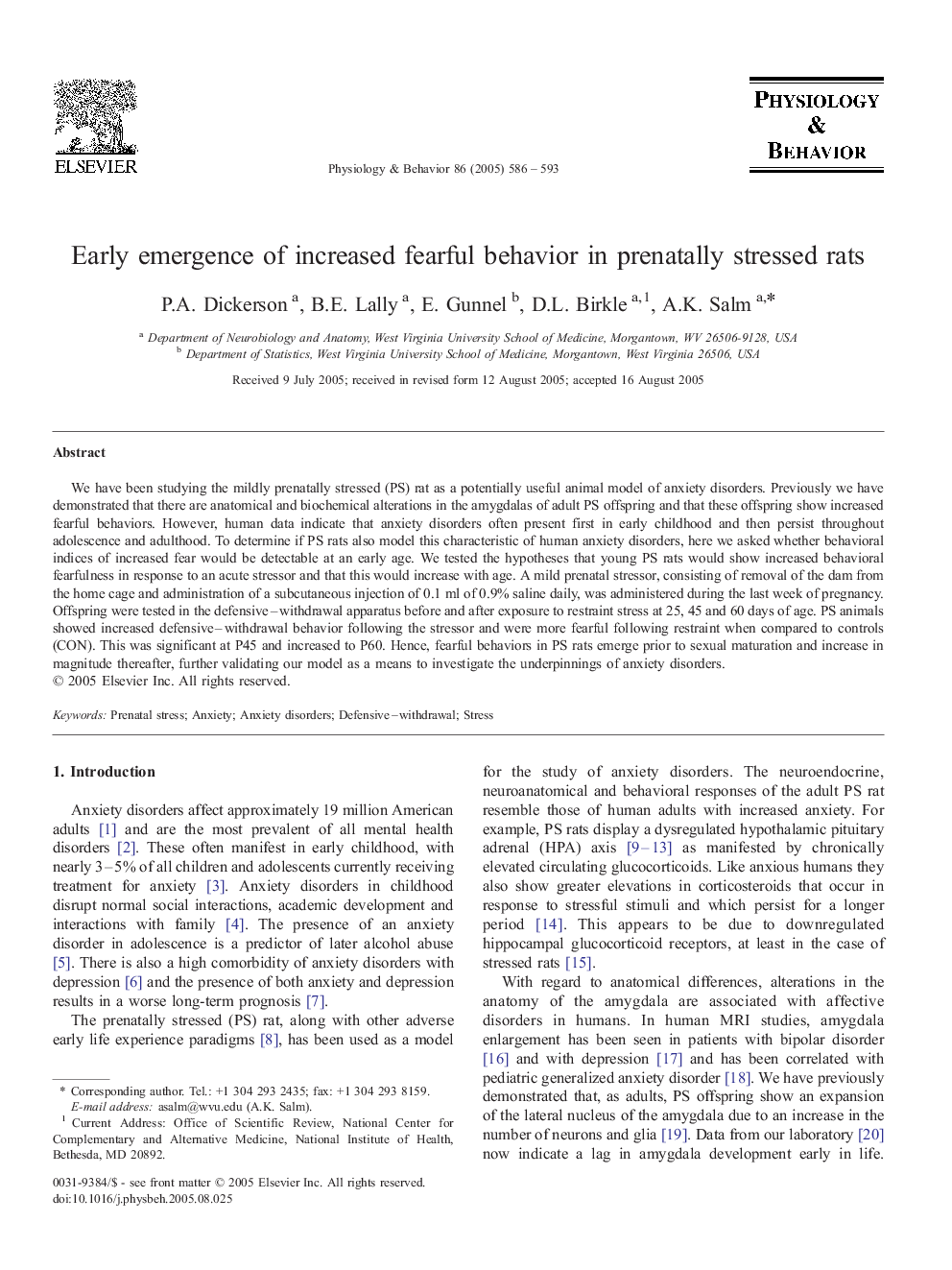 Early emergence of increased fearful behavior in prenatally stressed rats