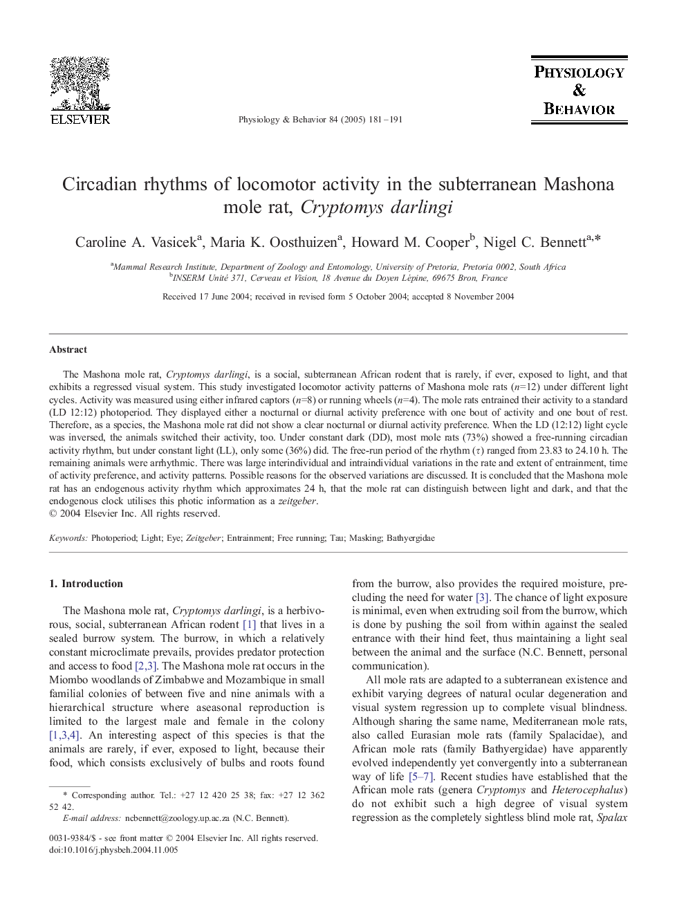 Circadian rhythms of locomotor activity in the subterranean Mashona mole rat, Cryptomys darlingi