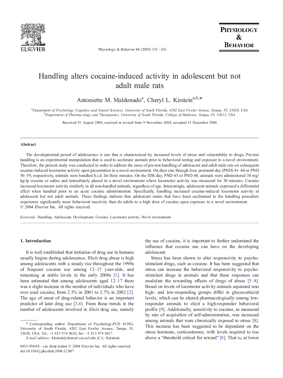 Handling alters cocaine-induced activity in adolescent but not adult male rats