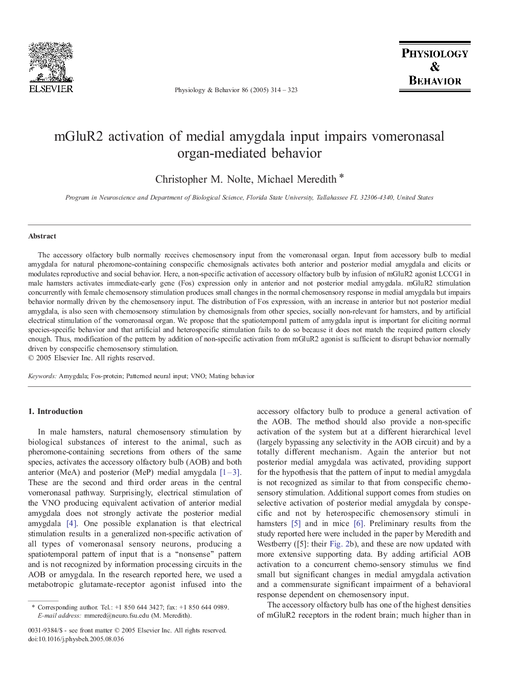 mGluR2 activation of medial amygdala input impairs vomeronasal organ-mediated behavior