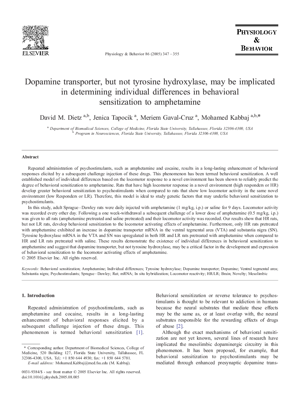 Dopamine transporter, but not tyrosine hydroxylase, may be implicated in determining individual differences in behavioral sensitization to amphetamine