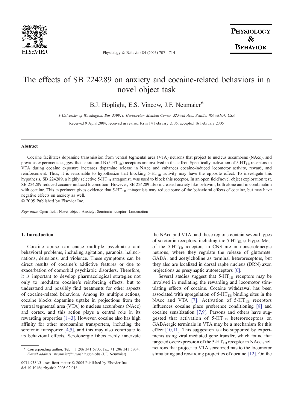 The effects of SB 224289 on anxiety and cocaine-related behaviors in a novel object task