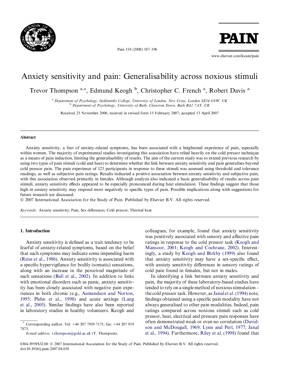 Anxiety sensitivity and pain: Generalisability across noxious stimuli