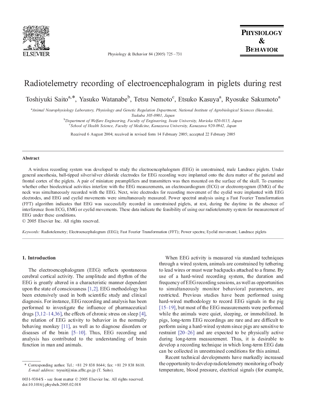 Radiotelemetry recording of electroencephalogram in piglets during rest